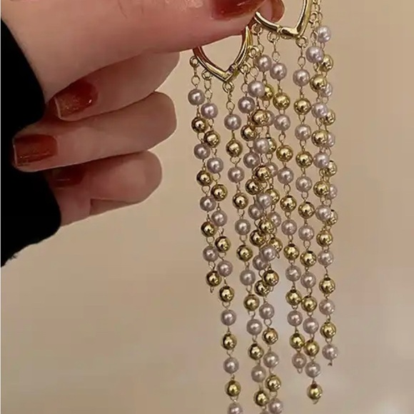 Long Gold and White Pearl Tassels Earrings - Picture 5 of 7